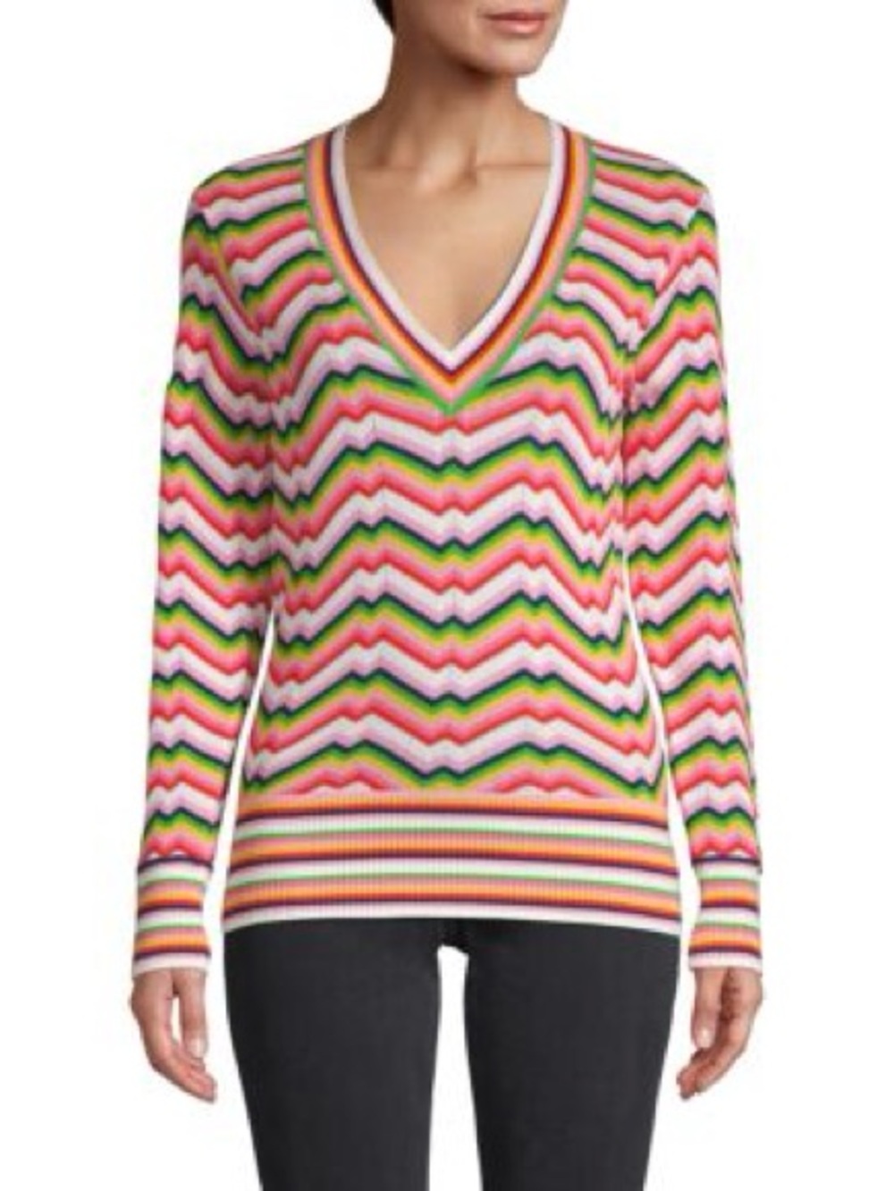Trina Turk Pink, Green & White Chevron V-Neck Sweater